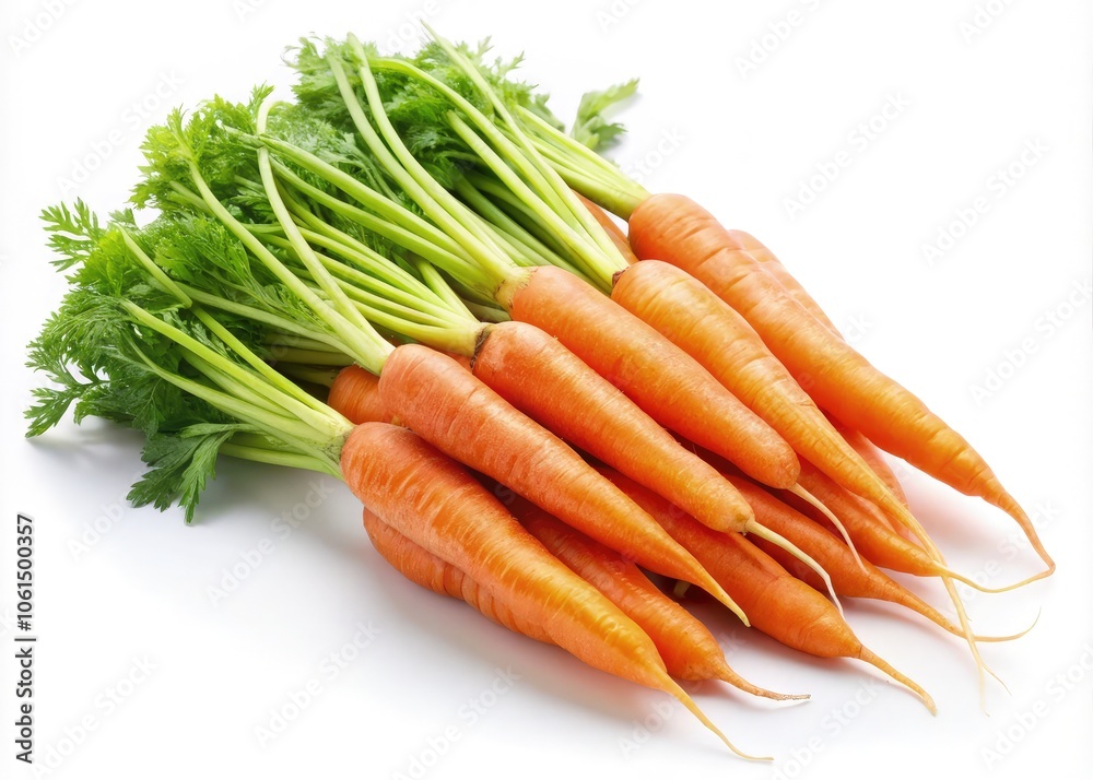 Fresh baby carrots arranged on a white background with vibrant green tops. Generative AI Fresh baby carrots arranged on a white background with vibrant green tops. Generative AI