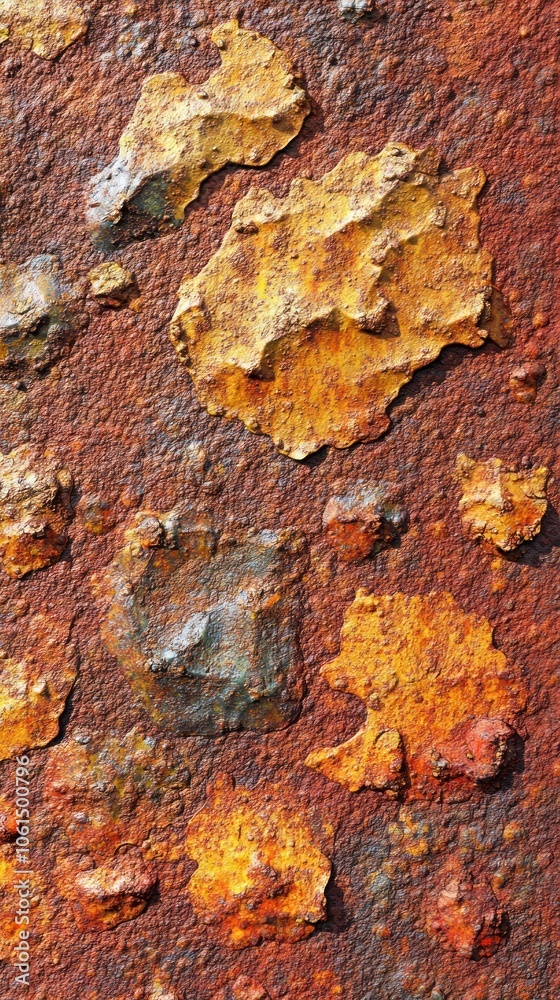 Close-up of rusted metal surface with peeling paint in warm hues. Close-up of rusted metal surface with peeling paint in warm hues.