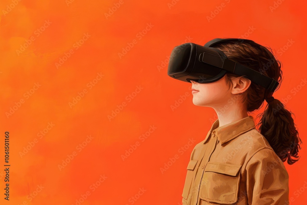 Artistic depiction of a young girl wearing a virtual reality headset in a science lab, exploring a digital world, Girl in VR learning lab, Futuristic and immersive Artistic depiction of a young girl wearing a virtual reality headset in a science lab, exploring a digital world, Girl in VR learning lab, Futuristic and immersive