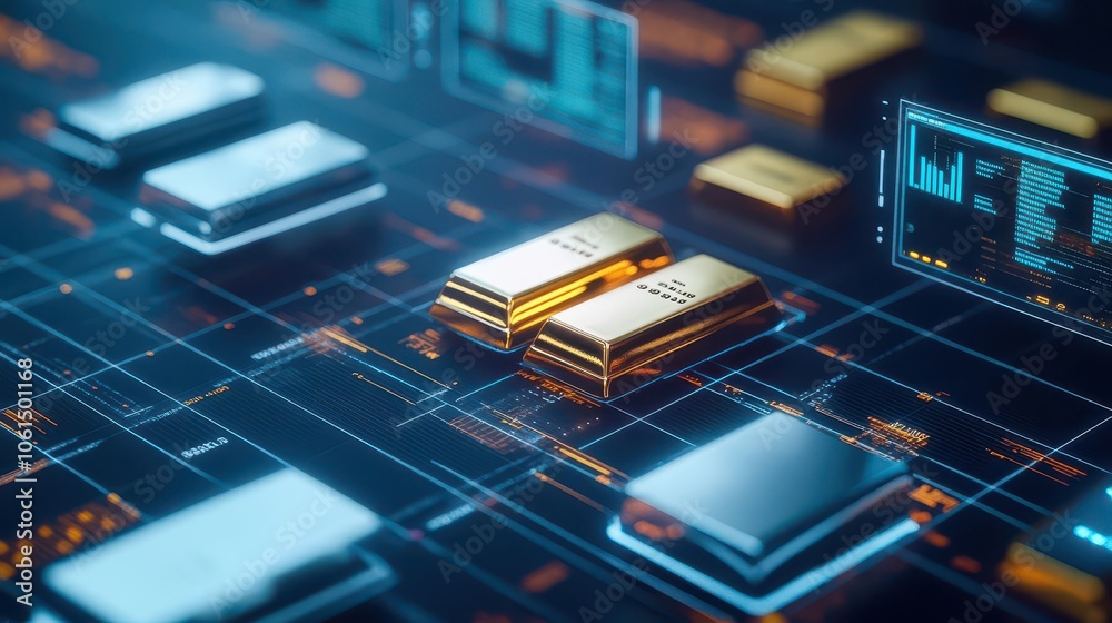 3Drendered gold and silver bullion on a digital grid, floating analysis screens around, high resolution, concept of investment growth 3Drendered gold and silver bullion on a digital grid, floating analysis screens around, high resolution, concept of investment growth