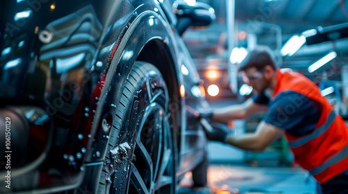 The mechanic operates a grinding tool to sand parts, paint the garage, and repair cars after accidents.