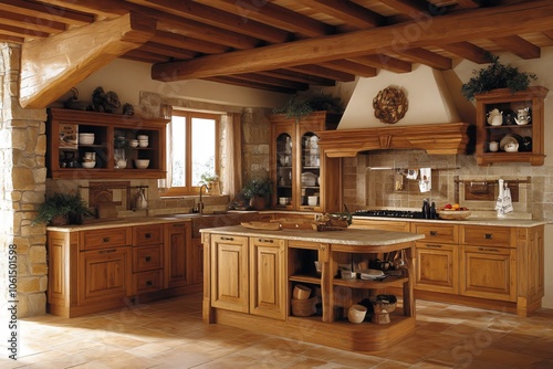 Cozy Kitchen with Stone Island and Wooden Cabinets