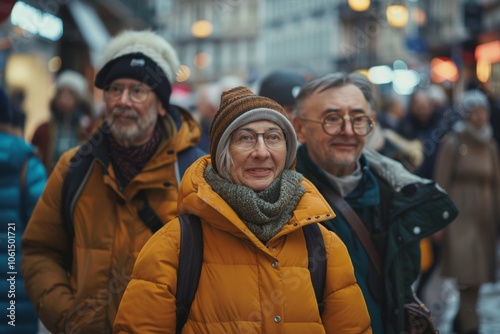 Mature couple walking in the city at Christmas time. Elderly people.