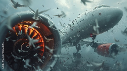 A flock of birds inadvertently causes engine failure and fire as they collide with a passenger plane. Devastating airline catastrophe in mid-flight. photo