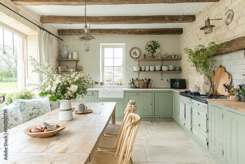 Serene Kitchen with Muted Green Cabinets and Natural Light photo