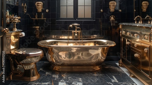 A stunning golden bathroom with a freestanding tub and stylish fixtures showcases luxury in an elegant setting with dark tile accents photo