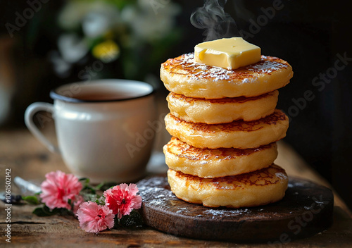 Golden crumpets with butter on top.