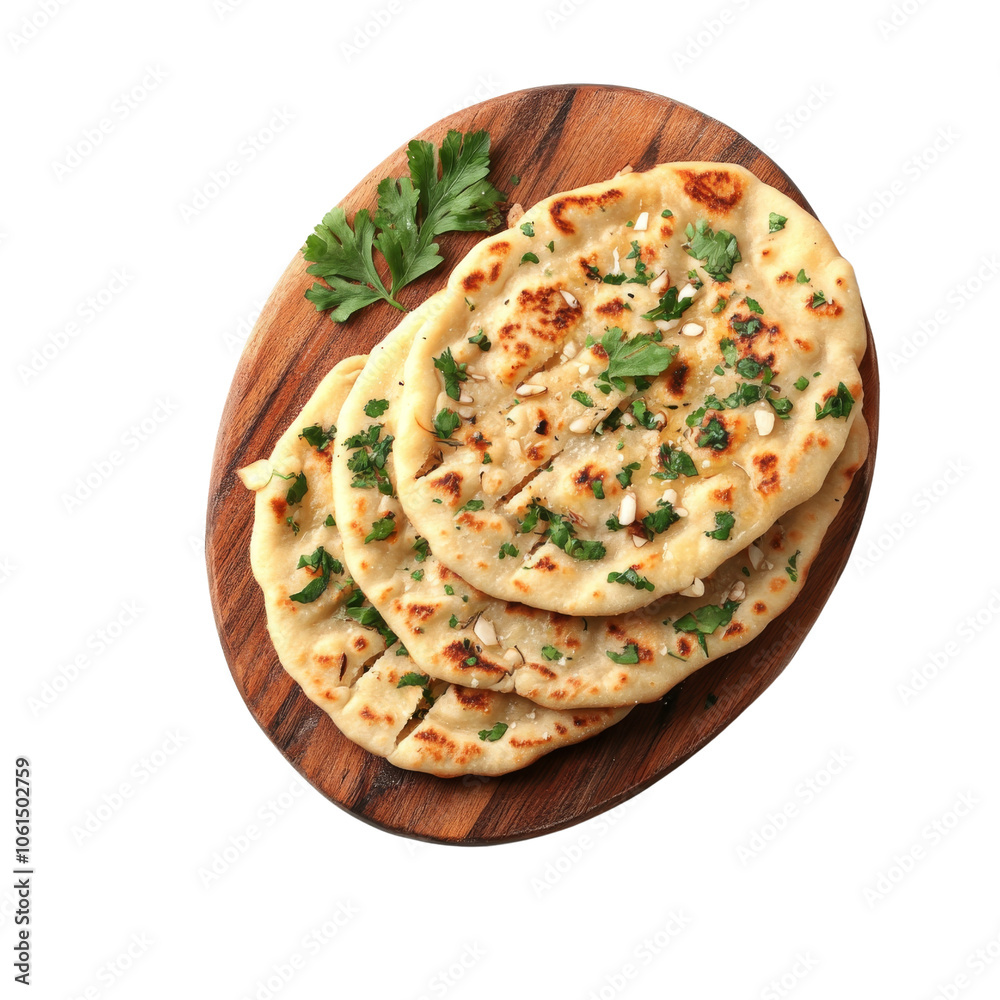 Delicious naan bread topped with herbs on a wooden platter. on transparent background. Delicious naan bread topped with herbs on a wooden platter. on transparent background.