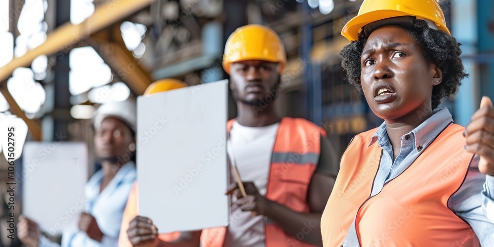 Obraz premium Group of factory workers protesting outside the workplace, holding blank signs as expressions of frustration and disagreement. Labor, strike,demonstration,manufacturing,inequality, injustice, rights