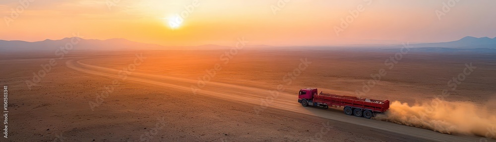 Flatbed truck transporting machinery in a desert under a blazing sunset, aerial view to show the open terrain, tires kicking up dust for added drama Flatbed truck transporting machinery in a desert under a blazing sunset, aerial view to show the open terrain, tires kicking up dust for added drama