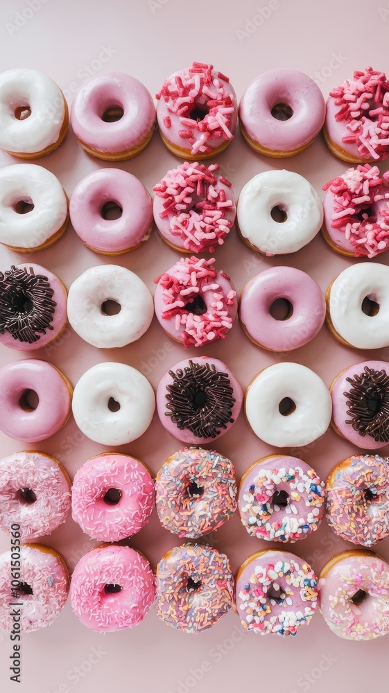 Grid of assorted pink and white donuts with sprinkles on pink surface Grid of assorted pink and white donuts with sprinkles on pink surface