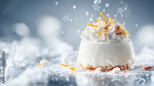 Christmas pudding with citrus zest and cream, isolated on a frosty blue-gray background with silver snowflakes photo