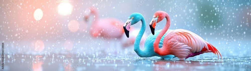 Fototapeta premium Graceful flamingos wading in shallow water, raindrops rippling around them, delicate pink and blue hues intertwining
