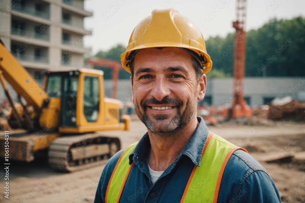 Close portrait of a smiling 40s Hungarian man construction worker looking at the camera, Hungarian outdoors construction site blurred background Close portrait of a smiling 40s Hungarian man construction worker looking at the camera, Hungarian outdoors construction site blurred background