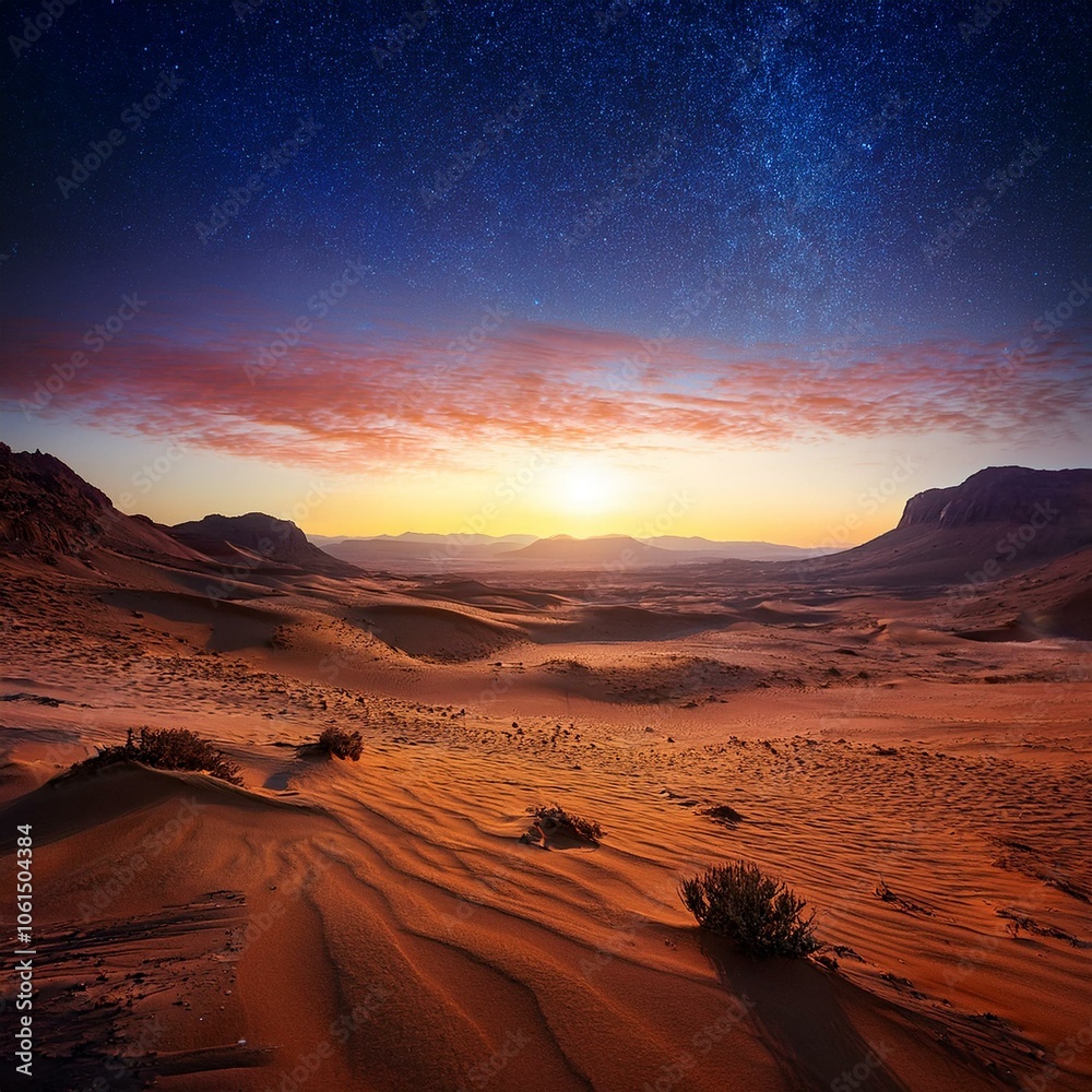Naklejka premium Dusk or dawn view of an alien desert with a vibrant starry sky and sunlit terrain, perfect for a space adventure game background