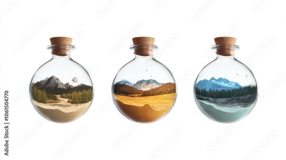 Creative Time Concept with Glass Bottles and Landscapes Creative Time Concept with Glass Bottles and Landscapes