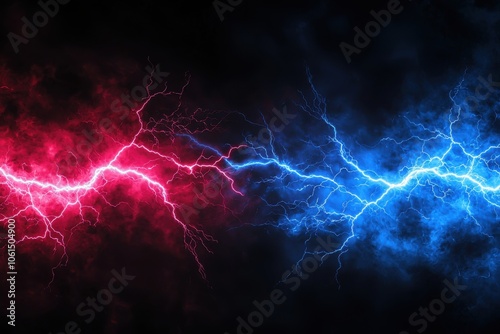 A striking visual of contrasting lightning bolts in pink and blue against a dark background, creating a dynamic and energetic atmosphere.