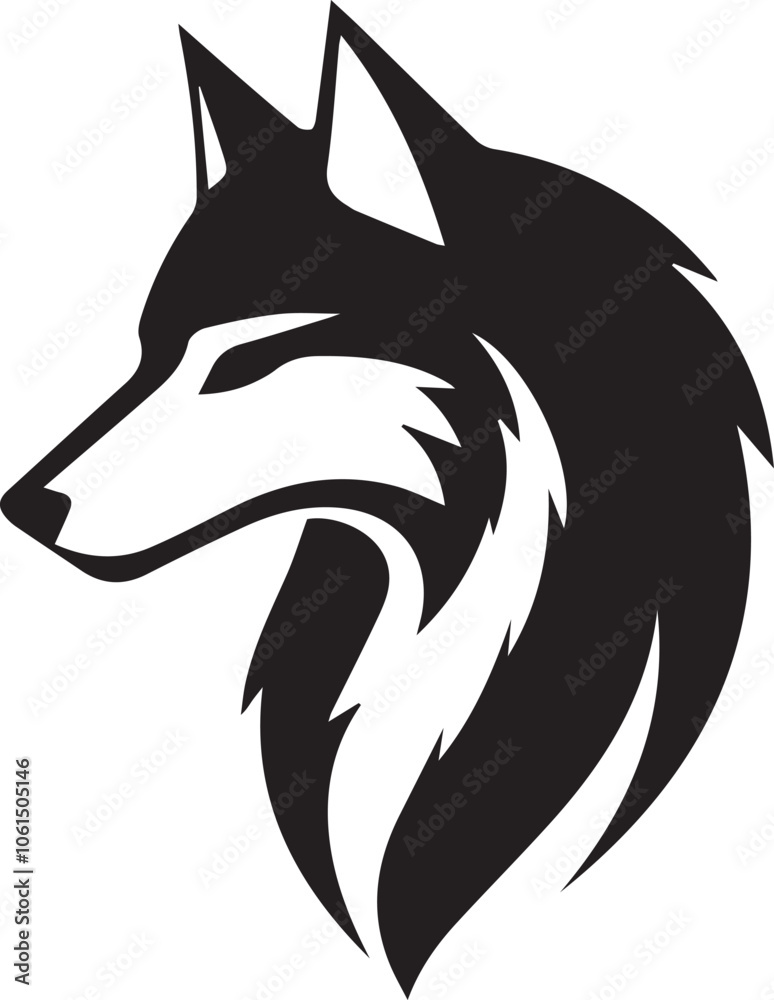 A black and white wolf face silhouette design A black and white wolf face silhouette design