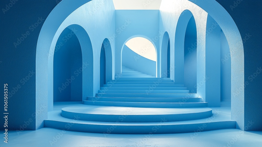 A serene blue staircase with arches leading to a bright light. A serene blue staircase with arches leading to a bright light.