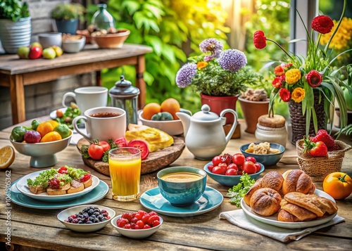 Stylish Morning Breakfast Scene with Fresh Ingredients, Elegant Table Setting, and Trendy Cookware for Fashion Photography Inspiration