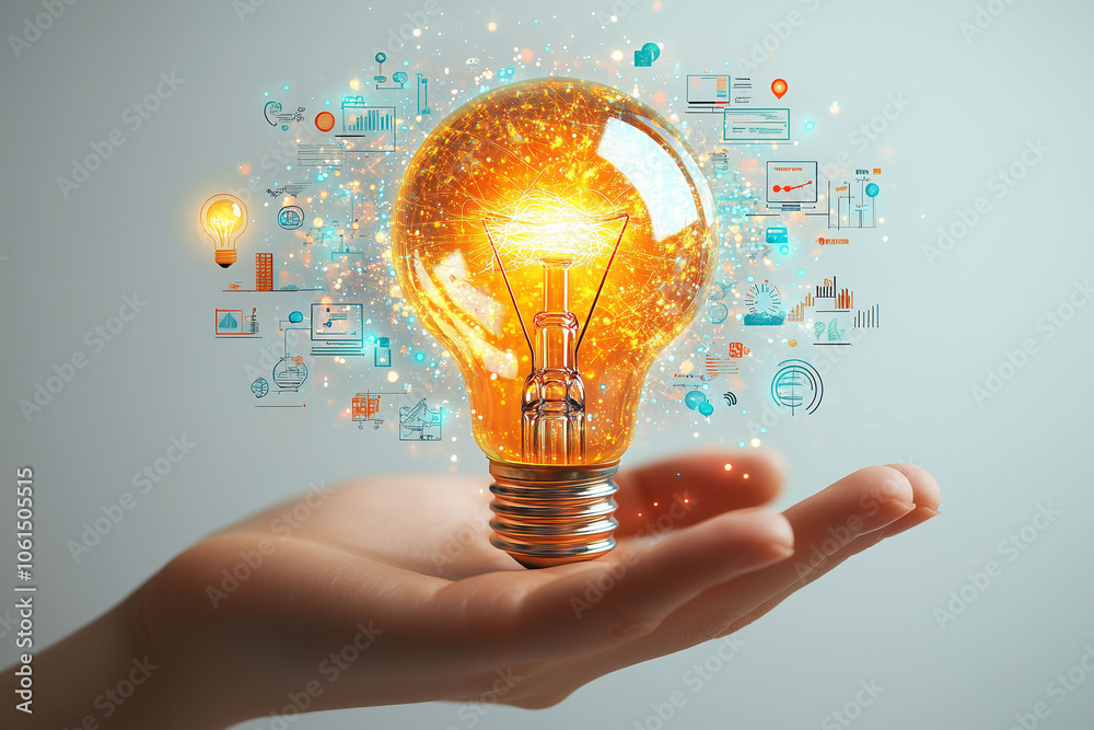 3D Hand Holding Glowing Lightbulb 3D Hand Holding Glowing Lightbulb