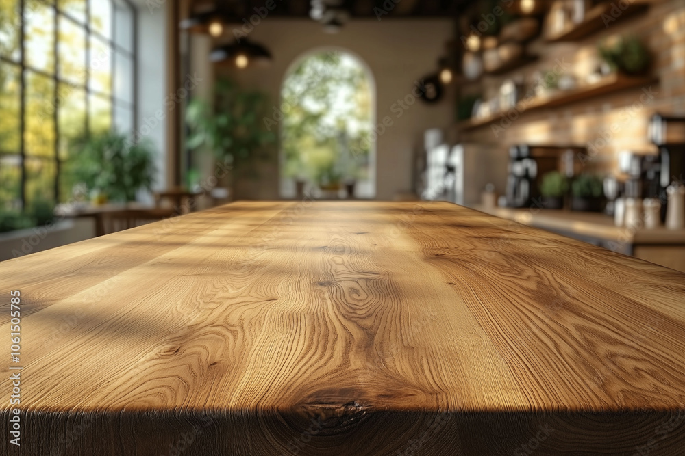 Wooden Countertop with Modern Kitchen Background Wooden Countertop with Modern Kitchen Background