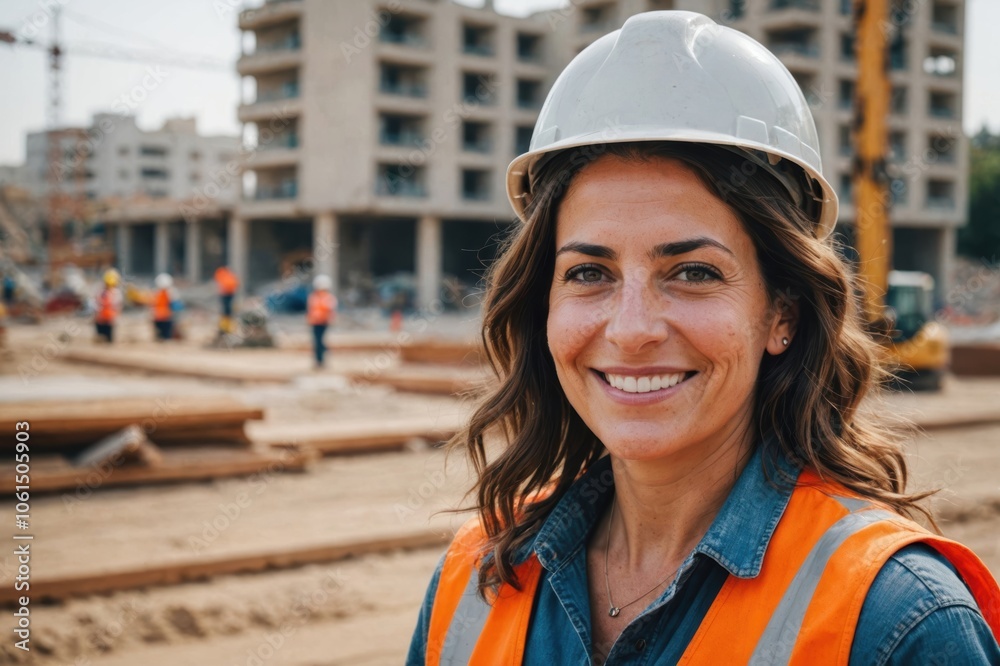 Close portrait of a smiling 40s Israeli woman construction worker looking at the camera, Israeli outdoors construction site blurred background Close portrait of a smiling 40s Israeli woman construction worker looking at the camera, Israeli outdoors construction site blurred background