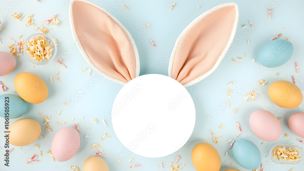 Easter decor concept. Top view photo of white circle easter bunny ears yellow blue pink eggs and sprinkles on isolated pastel blue background with blank space Easter decor concept. Top view photo of white circle easter bunny ears yellow blue pink eggs and sprinkles on isolated pastel blue background with blank space
