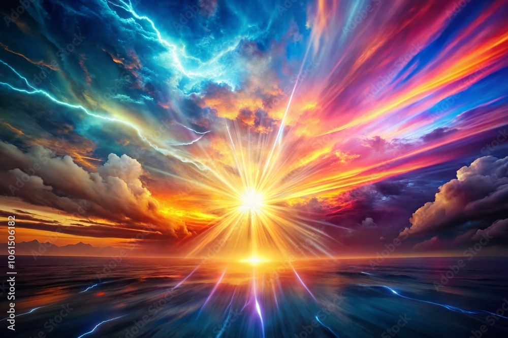 Sudden Burst of Energy in the Atmosphere: A Vivid Display of Natural Forces, Colorful Light, Dynamic Patterns, High Depth of Field, Abstract Energy, Atmospheric Effects, Nature's Wonder Sudden Burst of Energy in the Atmosphere: A Vivid Display of Natural Forces, Colorful Light, Dynamic Patterns, High Depth of Field, Abstract Energy, Atmospheric Effects, Nature's Wonder