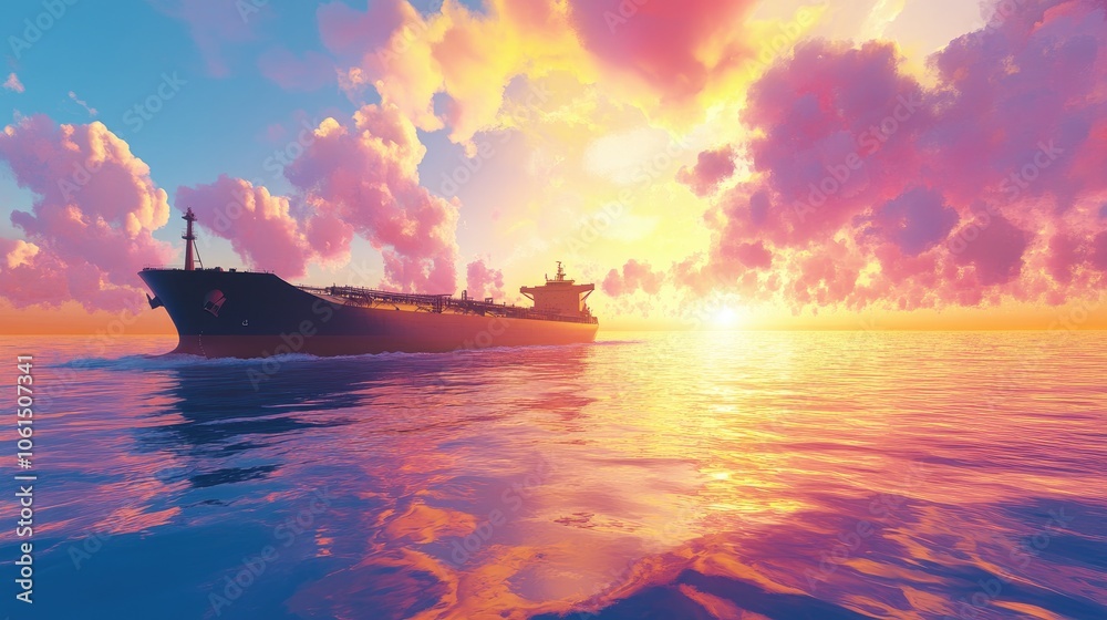 Colorful Oil Tanker on Calm Ocean Under Vibrant Sky Colorful Oil Tanker on Calm Ocean Under Vibrant Sky