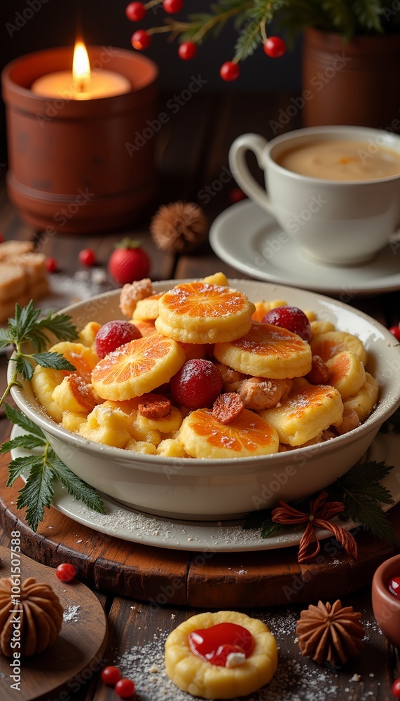 Delicious dessert with fruits and sweets served in rustic bowl on wooden table with festive decorations