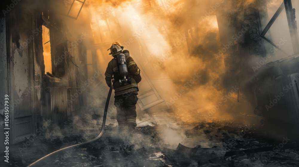 Obraz premium Firefighter in protective gear maneuvers through a smoke-filled, debris-laden building, hose in hand, ready to extinguish intense flames amidst swirling smoke and destruction, courage and resilience.