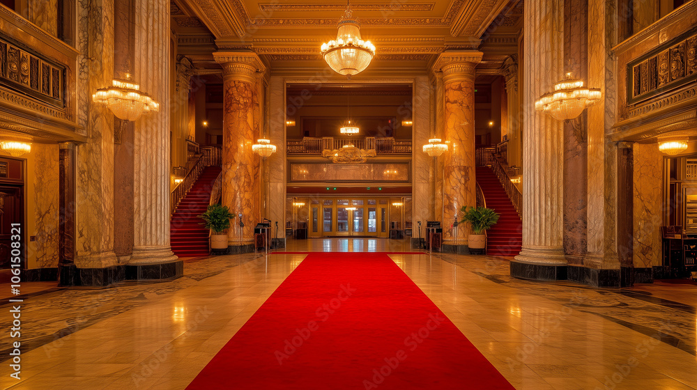 Grand hall with red carpet and chandeliers in classic interior Grand hall with red carpet and chandeliers in classic interior