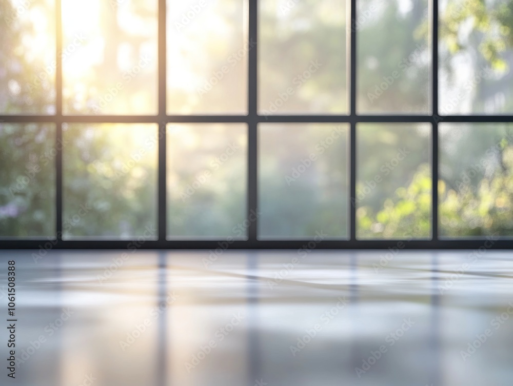Fototapeta premium Bright, spacious interior with large windows showcasing a natural outdoor setting.