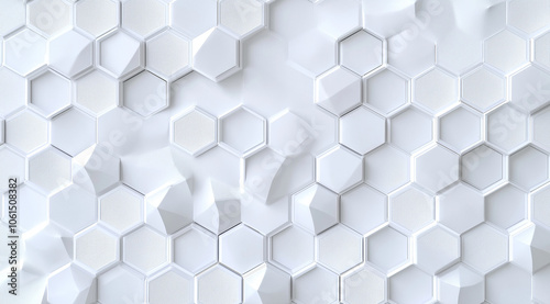 3D render of a white abstract background with hexagonal shapes in a white color. A Dimensional Texture with Abstract Arrangement, Light and Shadow, Tech Style, White Texture, Architectural, Abstract.