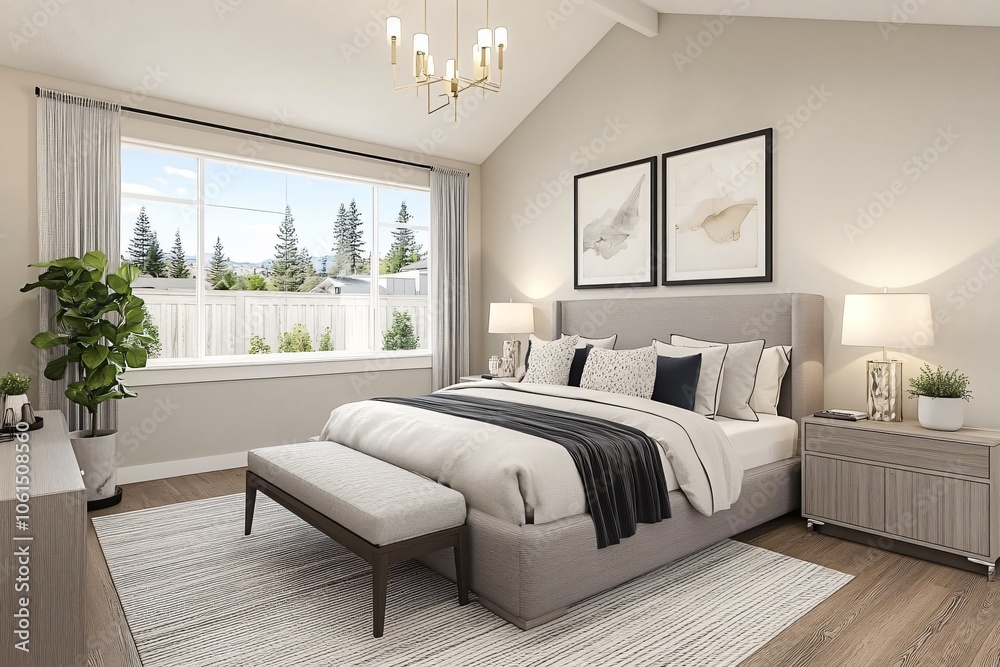 Elegant Bedroom with Soft Gray Bedding and Natural Light Elegant Bedroom with Soft Gray Bedding and Natural Light