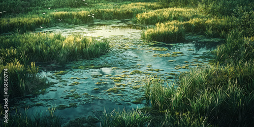 Top view of a restored wetland, filled with marsh plants. photo