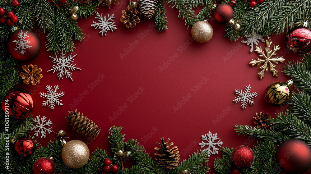 Flat lay of Christmas ornaments, snowflakes, and green pine sprigs, Christmas greeting Flat lay of Christmas ornaments, snowflakes, and green pine sprigs, Christmas greeting