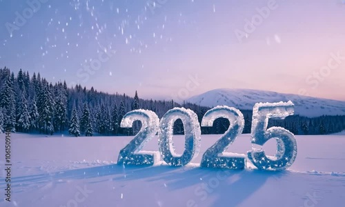 Winter landscape with '2025' new year number. Generative AI