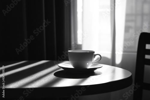 Single Cup and Saucer on Table with Soft Light