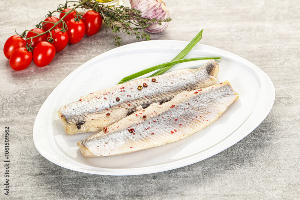 Marinated herring fillet with green onion Marinated herring fillet with green onion