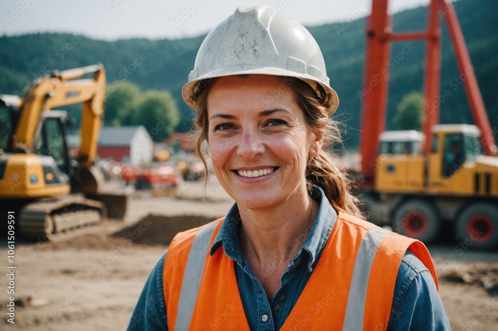 Close portrait of a smiling 40s Liechtensteiner woman construction worker looking at the camera, Liechtensteiner outdoors construction site blurred background Close portrait of a smiling 40s Liechtensteiner woman construction worker looking at the camera, Liechtensteiner outdoors construction site blurred background