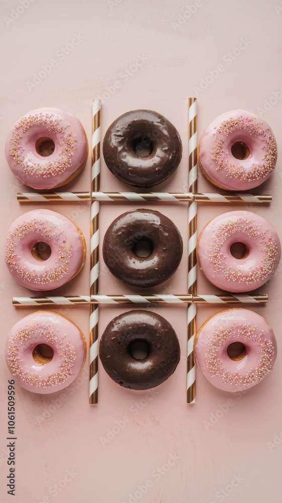 Fototapeta premium Assortment of Nine Donuts with Chocolate, Vanilla, and Pink Frosting