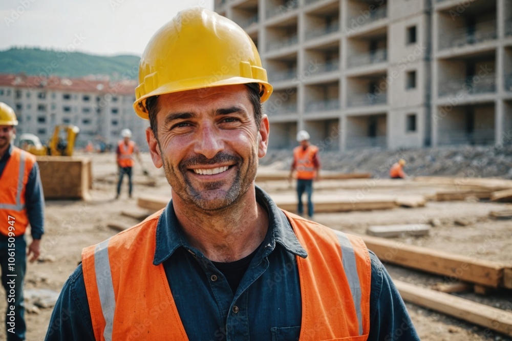 Close portrait of a smiling 40s Macedonian man construction worker looking at the camera, Macedonian outdoors construction site blurred background Close portrait of a smiling 40s Macedonian man construction worker looking at the camera, Macedonian outdoors construction site blurred background