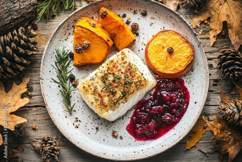 Herb-crusted fish fillet served with roasted pumpkin and cranberry sauce on a rustic wooden table. surrounded by autumn elements like pinecones and leaves photo