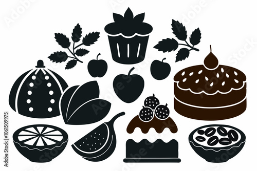 Set of objects silhouettes for Traditional Christmas Fruit Cake with Nuts on a white background