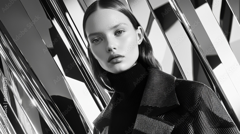 Monochrome Fashion Portrait. Modern Elegance and Geometric Reflections Monochrome Fashion Portrait. Modern Elegance and Geometric Reflections