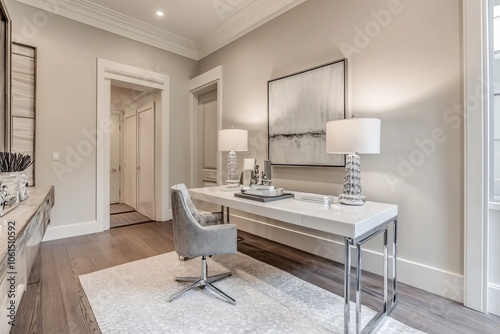 Clean and Modern Home Office with White Desk