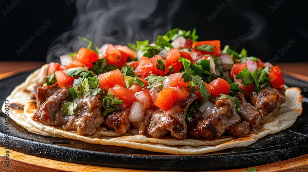 Closeup of sizzling street tacos with vibrant toppings, steam rising, bold colors, street tacos sizzling, 3D illustration Closeup of sizzling street tacos with vibrant toppings, steam rising, bold colors, street tacos sizzling, 3D illustration