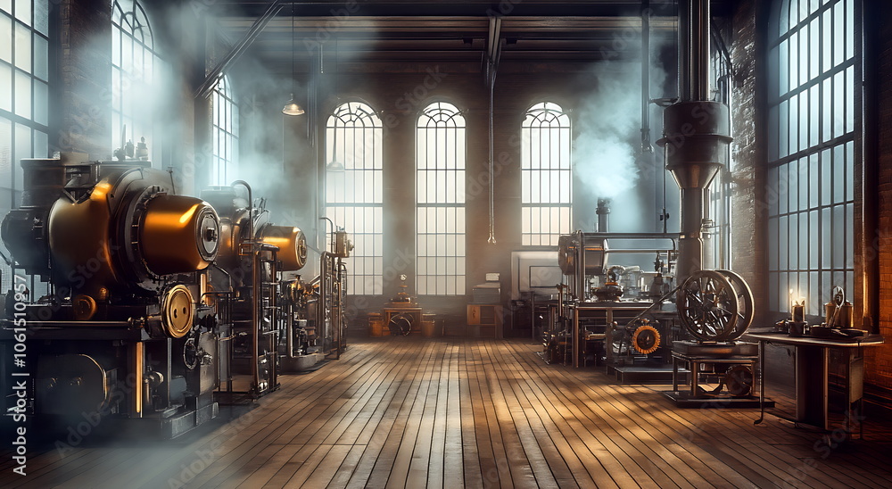 An old factory interior with steam engines, Generative AI
